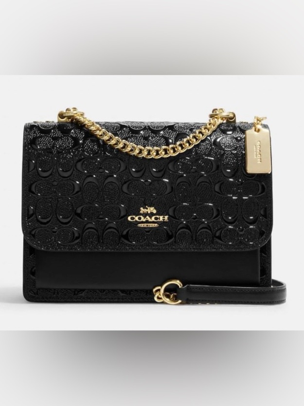 Coach Black Patent Signature Chain Shoulder Bag with Gold Hardware